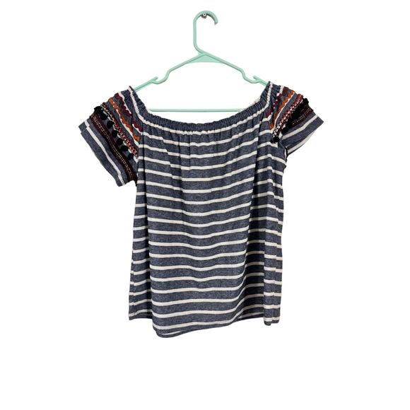 THML Mara Off (or On) The Shoulder Knit Top Size Large Blue and White - Picture 2 of 7